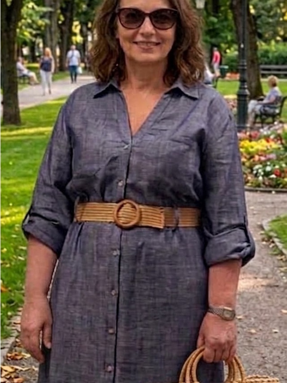 Zara Indigo Button-Front Midi Shirt Dress with Tan Woven Belt